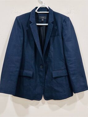 J.Crew Navy 100% Linen Blazer Tailored Single Button Suit Jacket Casual  Size 14